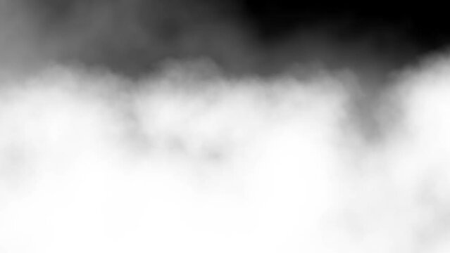 Flying through white fluffy clouds on black background. Abstract background. Motion graphic.