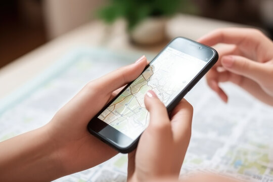 Hand of young woman searching location in map online on smartphone