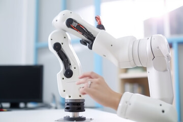 Robot arm touches human hand in science classroom. robotics programing concept