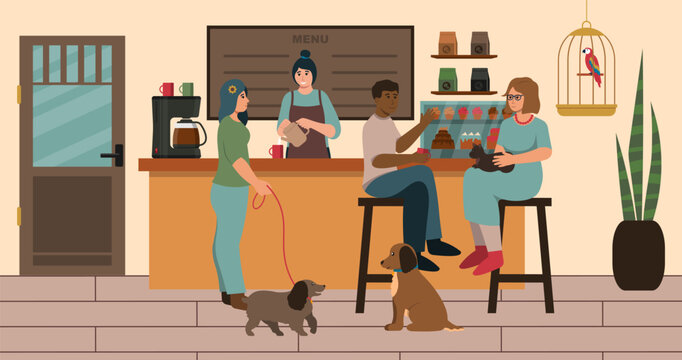 Concept Of Pet Friendly Cafe, Restaraunt Interior. Vector Flat Style Illustration