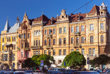 Fototapeta premium Lvov. Beautiful facades of old houses in the city center.