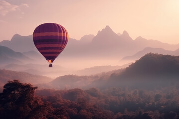 Hot air balloon over misty mountain peaks at sunset. Travel industry concept. Generative AI.