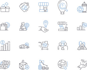 Trade and finace outline icons collection. Finance, Trading, Markets, Investment, Banking, Exchange, Funds vector and illustration concept set. Stocks, Bonds, Brokerage linear signs