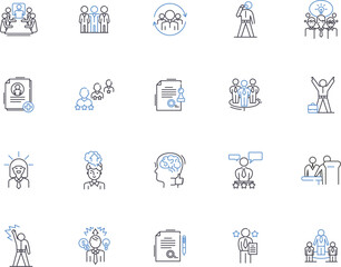 Office outline icons collection. Workplace, Desk, Chair, Computers, Stationery, Printer, Filing vector and illustration concept set. Management, Supplies, Clerical linear signs