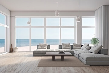 Fototapeta na wymiar Large living room with a sea view in a lavish summer beach home with no furniture. Interior of a holiday house or villa