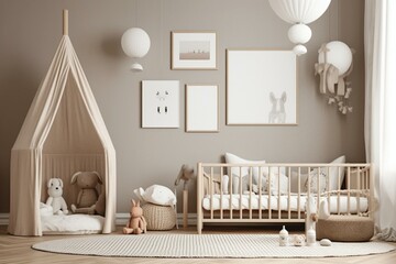 Frame mockup in child room interior. Nursery Interior in scandinavian style. 3d rendering, 3d illustration. Generative AI