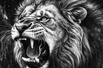 black and white illustration of male lion with mouth wide open created with Generative AI technology