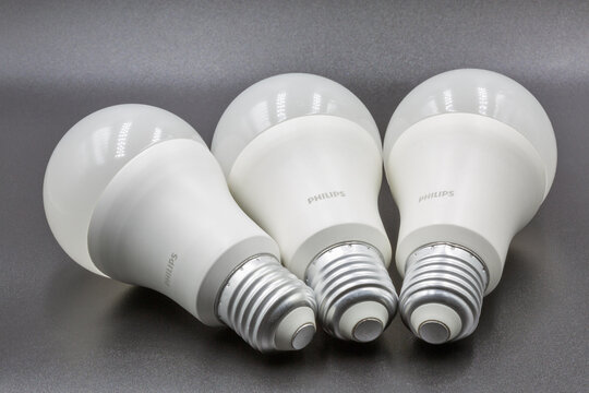 White energy saving light Philips LED bulbs closeup on black