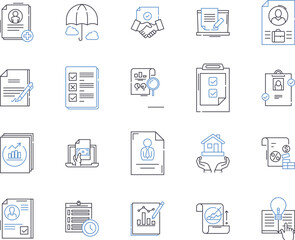 Insurance and law outline icons collection. Insurance, Law, Coverage, Liability, Claims, Risk, Fraud vector and illustration concept set. Legal, Regulation, Benefits linear signs
