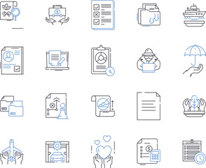 Insurance and laegal outline icons collection. Insurance, Legal, Coverage, Claims, Liability, Risk, Compliance vector and illustration concept set. Contract, Lawyer, Litigation linear signs