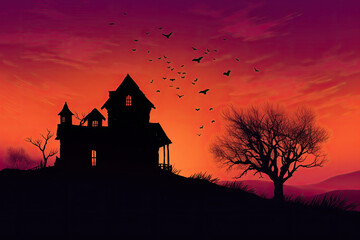 a haunted house on a hill at sunset with bats flying in the air and trees silhouetted against to the sky. Generative AI