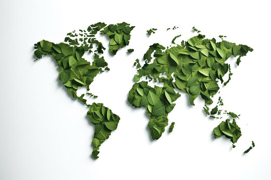 the world map made out of green leaves, on a white background with space for your text or image stock photo. Generative AI