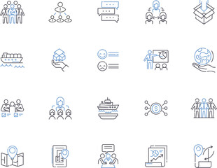 Distribution outline icons collection. Distribution, Spread, Allocation, Dissemination, Circulation, Partition, Shipment vector and illustration concept set. Delivery, Dispersal, Sharing linear signs