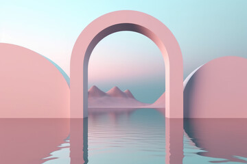 3d render, abstract zen seascape background. Nordic surreal scenery with geometric mirror arches, calm water and pastel gradient sky. Futuristic minimalist wallpaper