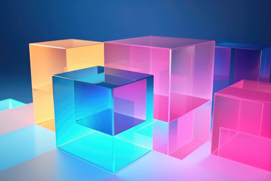 3d render, abstract geometric background, translucent glass with colorful gradient, simple flat square shapes