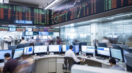 Illustration of trading floor, stock market exchange indoor backgrounds with round workplaces and displays showing financial data. Businesspeople. AI generative image.