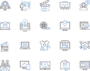 Media corporation outline icons collection. Media, Corporation, Publishing, News, Print, Digital, Network vector and illustration concept set. Broadcast, Content, Video linear signs