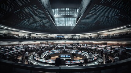 Illustration of trading floor, stock market exchange indoor backgrounds with round workplaces and displays showing financial data. Businesspeople. AI generative image.