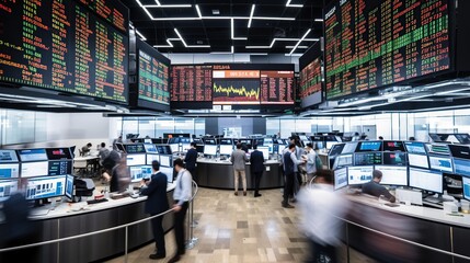 Illustration of trading floor, stock market exchange indoor backgrounds with round workplaces and displays showing financial data. Businesspeople. AI generative image. - obrazy, fototapety, plakaty