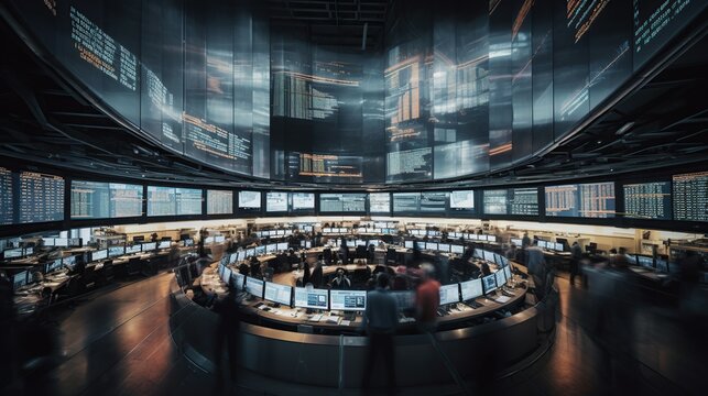Illustration of trading floor, stock market exchange indoor backgrounds with round workplaces and displays showing financial data. Businesspeople. AI generative image.