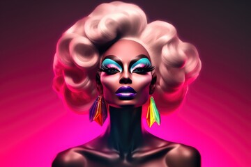 Fictional Drag Queen: Man dressed up as a woman on vibrantly pink colored background, performance art, fictional person created with generative ai