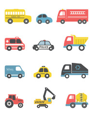 Toys isolated on white background. There are different toy cars: firefighters car, truck, police car, taxi, bus, excavator, concrete mixer truck, tractor. Toys for the baby boy. Vector illustration