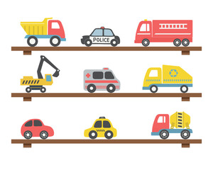 Shelves with toys. There are different toy cars: firefighters car, ambulance car, truck, police car, taxi, excavator, concrete mixer truck, garbage truck. Toys for the baby boy. Vector illustration
