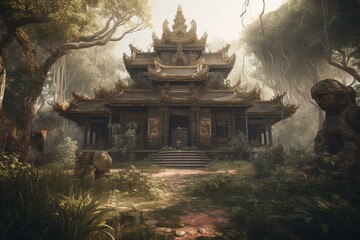 illustration of ancient temple , inspired from temple in Thailand. Generative AI