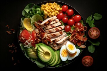 Cobb salad with bacon, avocado, tomato, grilled chicken, eggs on dark background. American salad. Healthy food. Top view. Generative AI
