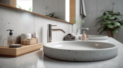 Fototapeta premium Illustration of modern clean bathroom counter top made of stone, sink and water tap. Luxury interior design. Indoor background with copy space. AI generative image.