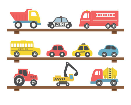 Toys on the shelves. There are different toy cars: firefighters car, truck, police car, taxi, bus, excavator, concrete mixer truck, tractor. Toys for the baby boy. Vector illustration