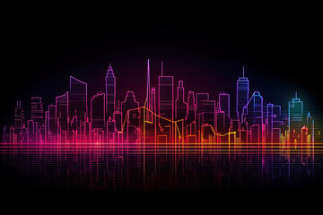 Naklejka premium the city skyline in neon colors on a black background with an orange, yellow and pink glow - stock illustrations. Generative AI