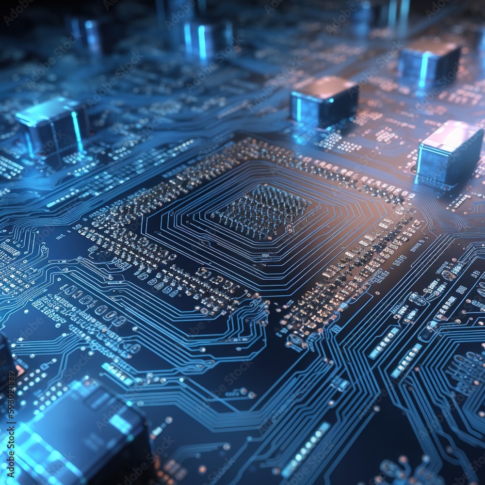 Poster blue technology background, abstract technology chip processor background circuit board and html cod