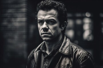 Fototapeta premium man with short dark hair and serious look wears black leather jacket created with Generative AI technology