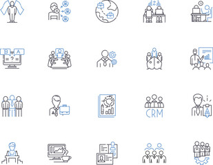 Corporate Management outline icons collection. Corporate, Management, Leadership, Organizing, Planning, Structure, Strategies vector and illustration concept set. Executing, Directing, Decision-Making