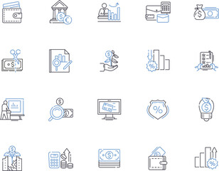 Finance services outline icons collection. Banking, Investing, Insurance, Funds, Credit, Loans, Accounting vector and illustration concept set. Brokerage, Taxation, Budgeting linear signs