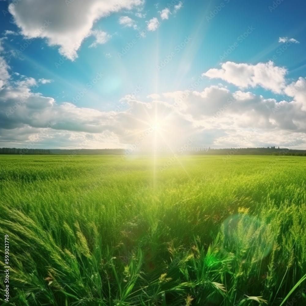 Wall mural Beautiful panoramic natural landscape of a green field with grass against a blue sky with sun. Spring summer blurred background. generative ai