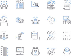 Fototapeta premium Professional education outline icons collection. Professional, Education, Training, Coaching, Courses, Qualification, Diploma vector and illustration concept set. Certification, Development
