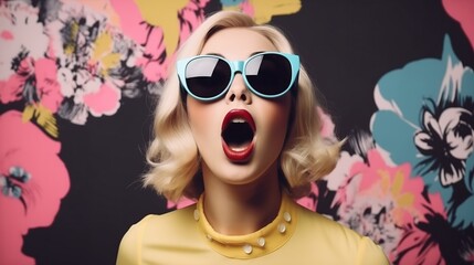 Portrait of very surprised and excited young woman. Pop art illustration of shocked lady wearing sunglasses and open mouth. Comic style. AI generative image.