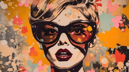Contemporary stylish illustration with retro pop art woman wearing sunglasses. Placard with pretty lady. AI generative image.