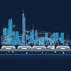 City infrastructure transport panorama. Monorail railway. Train move over flyover. Modern night city. Airplane fly. Towers and skyscrapers. Bus move. White lines on blue background. generative ai