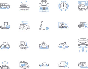 Transport and logistic outline icons collection. Logistics, Shipping, Transport, Delivery, Cargo, Freight, Haulage vector and illustration concept set. Movement, Voyage, Cross-country linear signs