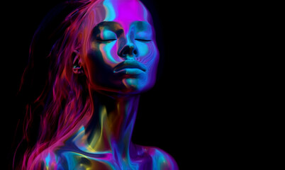 Fototapeta premium A woman with her eyes closed standing against a dark plain background. She is portrayed in a chromatic color scheme that gives a futuristic and otherworldly vibe. Generative AI.
