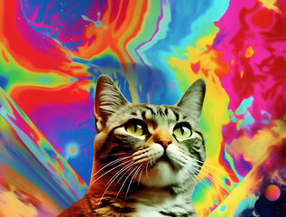 A tabby cat surrounded by a psychedelic cosmic space background. Pop art inspired experimental collage style. Generative AI.