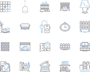 Home furniture outline icons collection. Sofa, Bed, Table, Chair, Couch, Mattress, Chest vector and illustration concept set. Wardrobe, Stool, Bookshelf linear signs