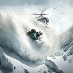 Wicked gnarly skier floating down a mountain of fresh snow while an avalanche is chasing the skiing person, helicopter view, hyper realistic, 4k