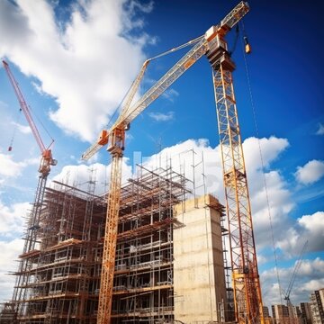 a crane and a construction site against a blue sky. generative ai