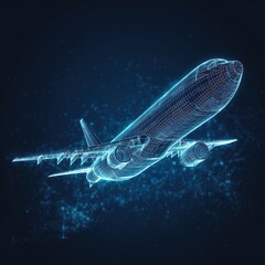 airplane, an abstract vector wireframe of an airliner. Concept of travel, tourism, business, and transportation. Dark blue low poly mesh with dots, lines, and glowing stars . generative ai