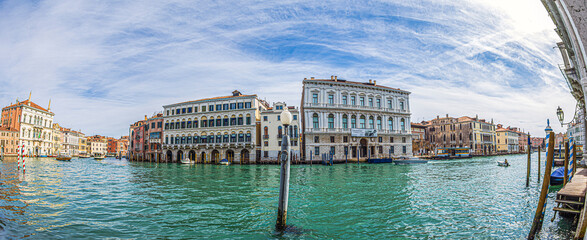 Panoramic fisheye view from the Grand Canal with medieval buildinds, Venice, Italy