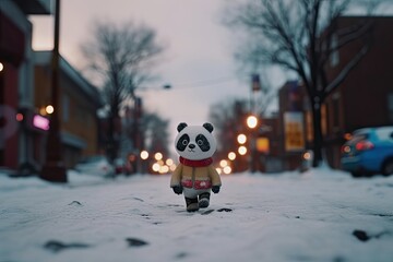 Cute anime style panda walks in the winter city
